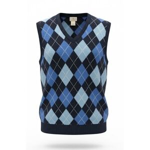 LL Bean Mens XL Tall Lambswool Argyle Sweater Vest Navy Blue V-Neck 271095